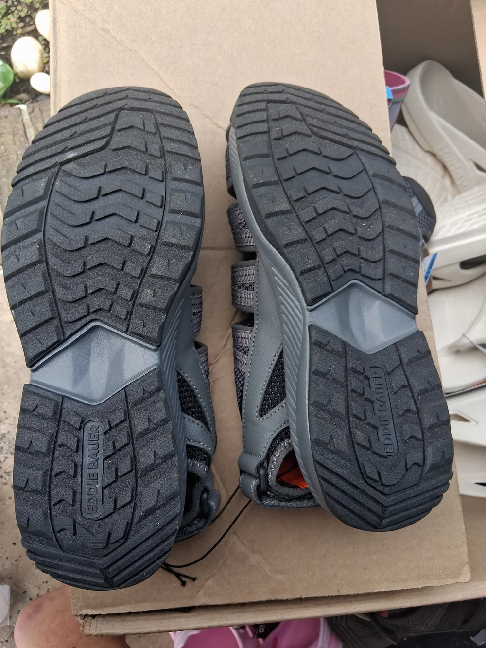 Eddie Bauer Men's Dark Gray Sandals with Orange Logo
